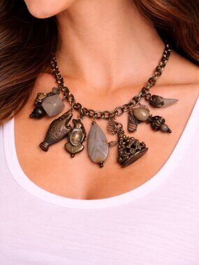 Boho Charm Necklace Antique Brass Vintage Style Mixed Charm Statement Necklace U